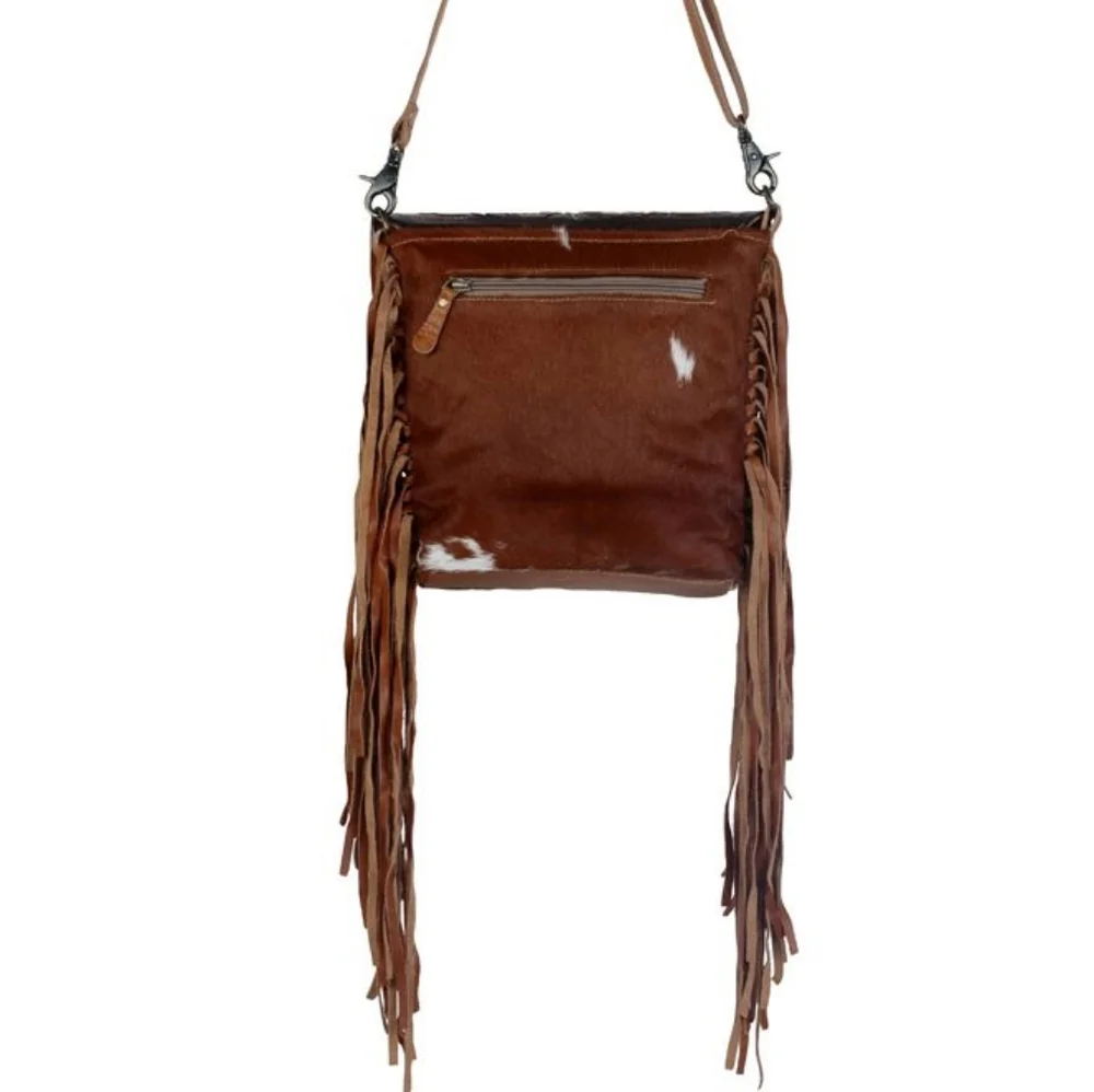 NWT MYRA BLOSSOM HAND-TOOLED BAG Genuine Hair On Hide Leather Fringe - Picture 3 of 8